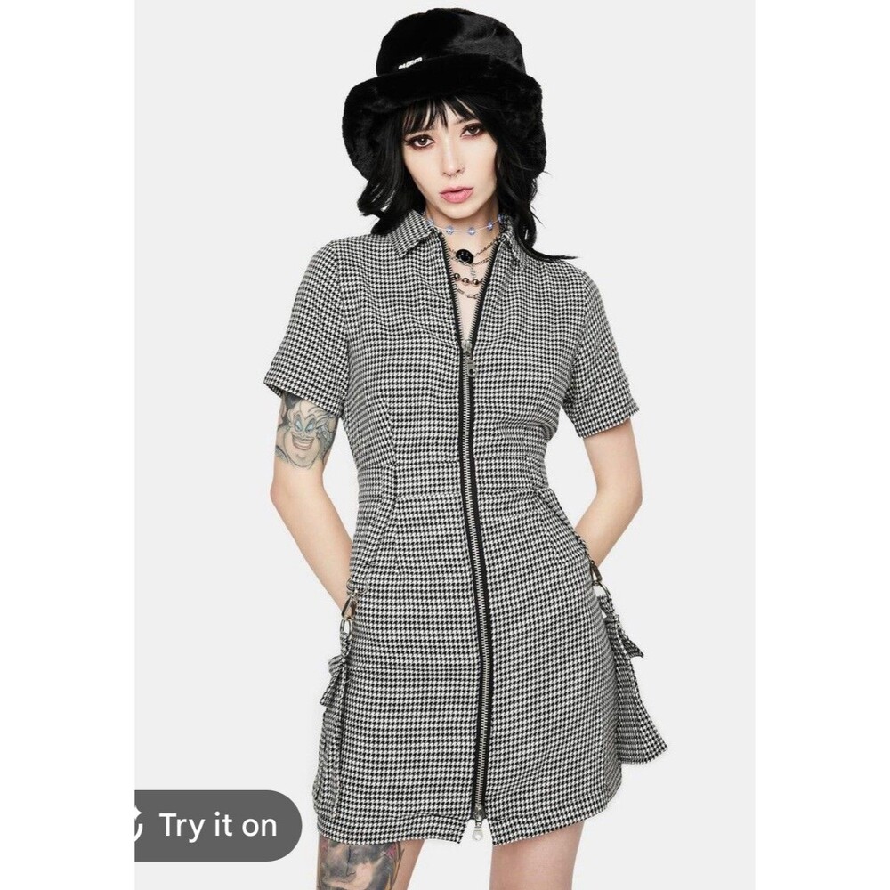 The Ragged Priest Formation Houndstooth Mini Dress NWT Size [L] Zip Front